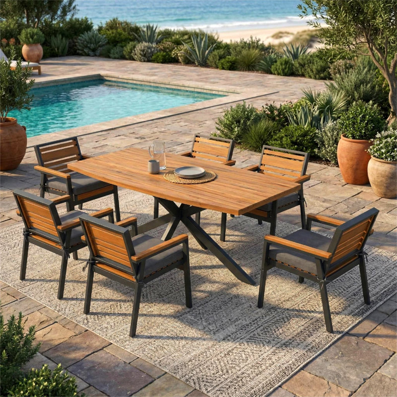Wood 6 - Person Dining Set With Removable Cushions, Gray