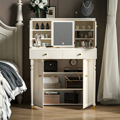 Cream Piano Vanity With a Makeup Stool and Mirror