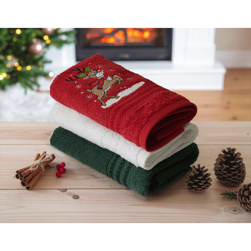 Ensemble de serviettes 100% coton de qualité supérieure (3 pièces), 11,8 x 19,7 pouces | 500 g / m², lavable en machine à 104 ° F | Vert festif, rouge et blanc, parfait pour les décorations des fêtes et les cadeaux