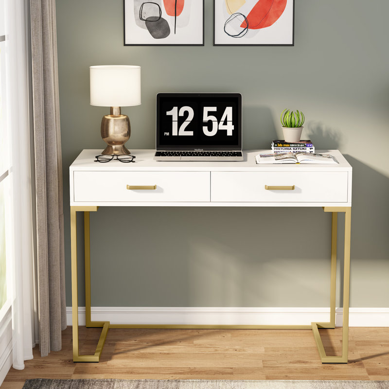 Bureau Secil avec 2 tiroirs Secil, Doré, H 29,9 po x l 41,7 po x P 19,7 po