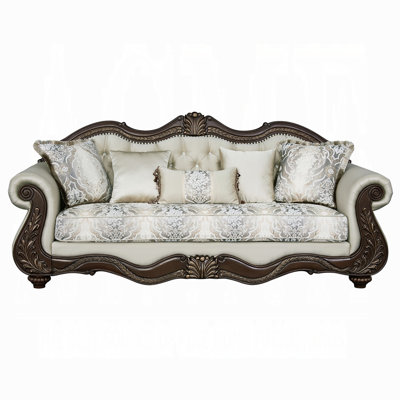 Reese Sofa, Carved Floral Classic Cherry Brown, Beige, 5 Pillows, 93In