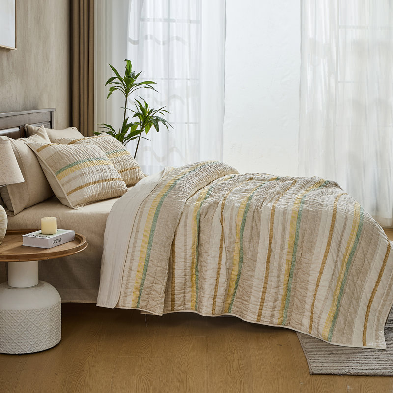 Queen Size Greige Cotton Stripe Quilt Set