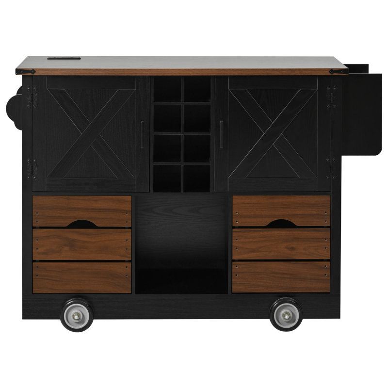 54" Farmhouse Kitchen Island with Drop Leaf, Power Outlet, Kitchen Storage Cart with 2 Doors, 2 Drawers, Rolling Kitchen Island on 4 Large Wheels with Spice Rack