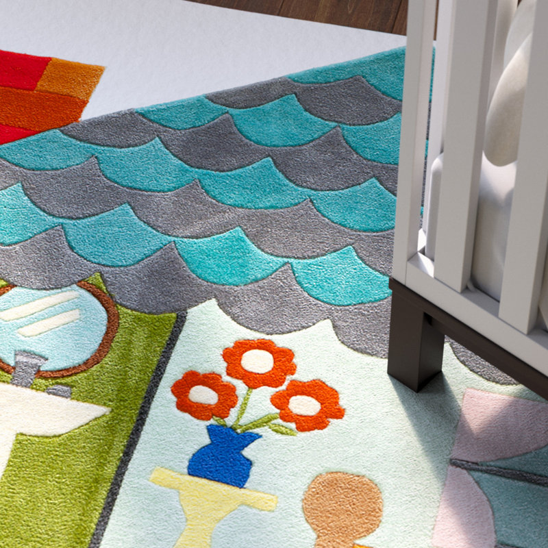 Tapis jaune / bleu / vert touffeté à la main Cecelia, Rectangle 8 pi x 10 pi