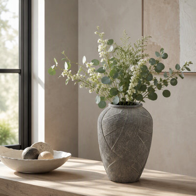D9.8x13.8" Hand Finished Terracotta Vase with Cross Hatch Woven Texture Stately Rounded Form Table Centerpiece