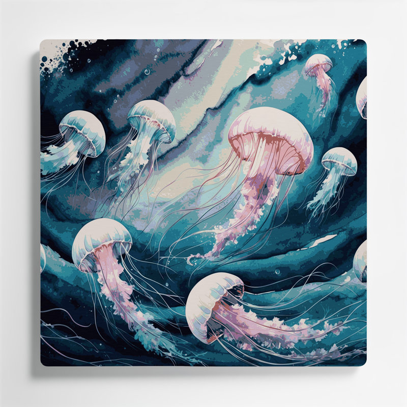 Art mural en métal bleu méduse nautique, H 12 po x l 12 po