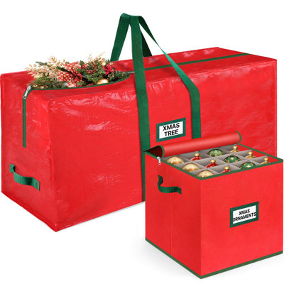 Christmas Tree Bag & Ornament Storage Box Set, Water-Resistant 7.5 Ft Tree Storage & 64-Compartment Organizer with Dividers, Tag Pockets & Handles, Heavy-Duty Xmas Decor Containers, Red