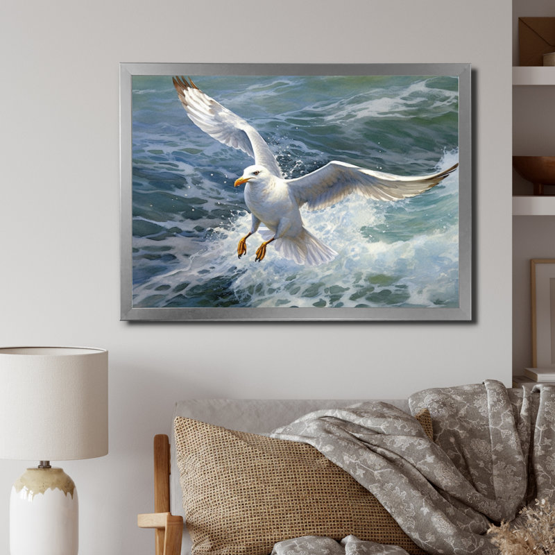 «Watchful Seagull IV», art mural sur toile, Cadre simple argenté, H 16 po x l 32 po x P 1 po