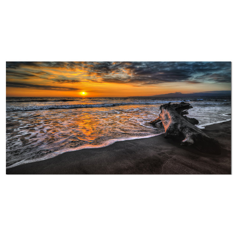 " Log On Beach During Sunset ", 16" H x 32" W