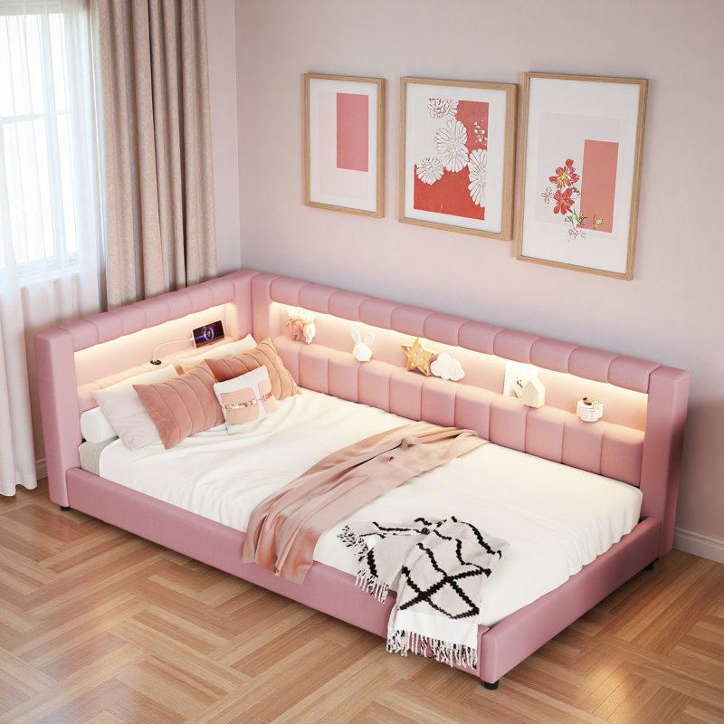Upholstered Daybed With Usb Ports And Led Light Strips, Twin Extra-Long, Pink
