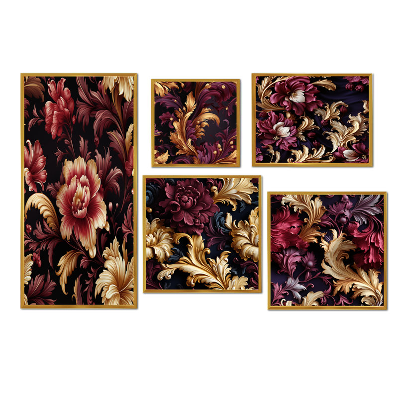 Gainsborough - Ensemble de 5 reproductions d'art sur toile damassées, Cadre flottant doré