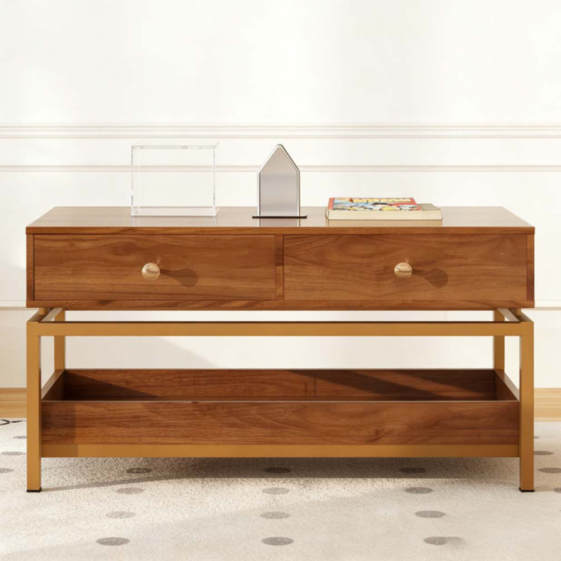 Table basse moderne 39,4 "avec 2 tiroirs et tablette ouverte, Noyer