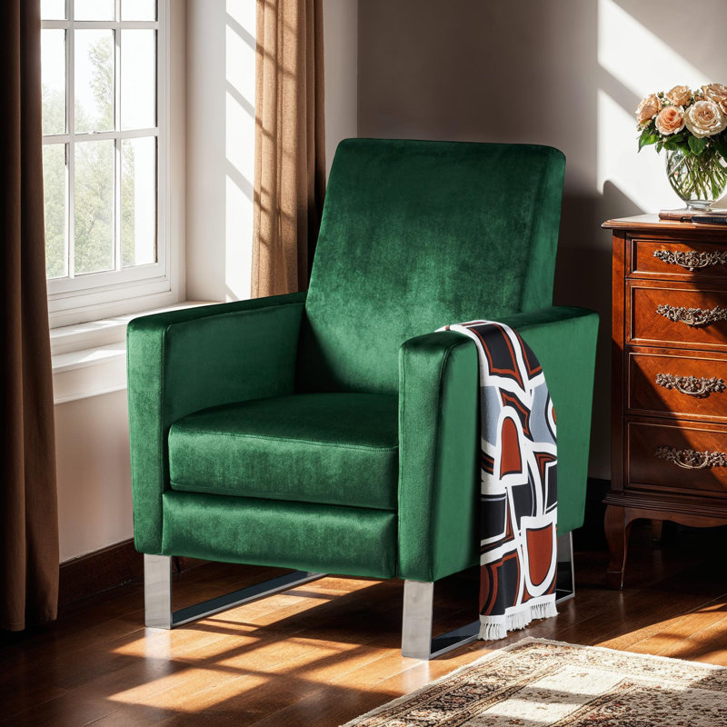 Modern Glam Push-Back Recliner with Stainless Steel Legs, Green Velvet