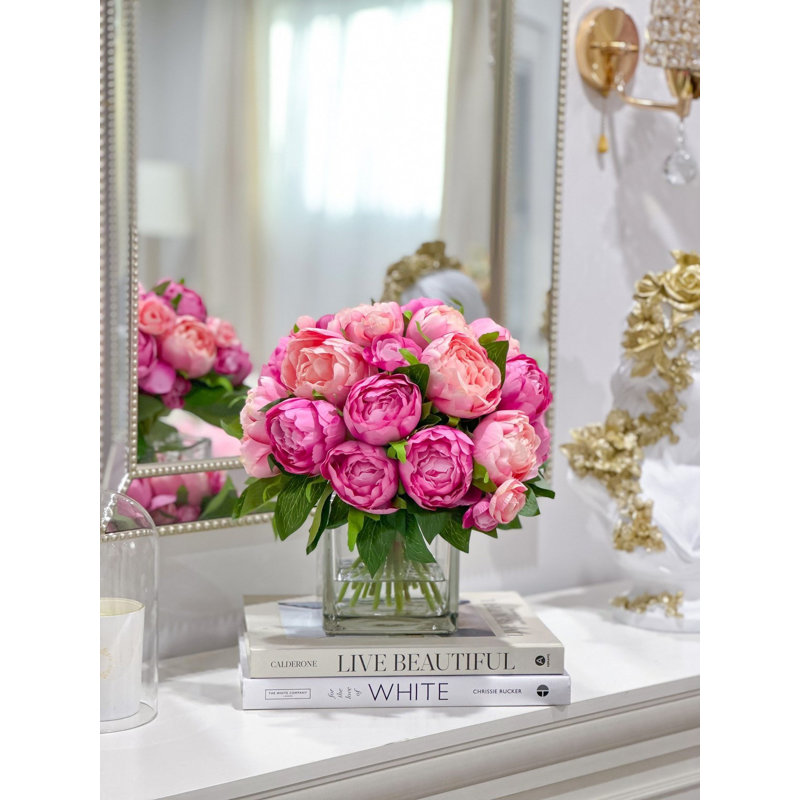Fuchsia Pink Modern Fuchsia Peonies In Glass Vase – Luxury Faux Flowers For Home Decor, Fuchsia Pink
