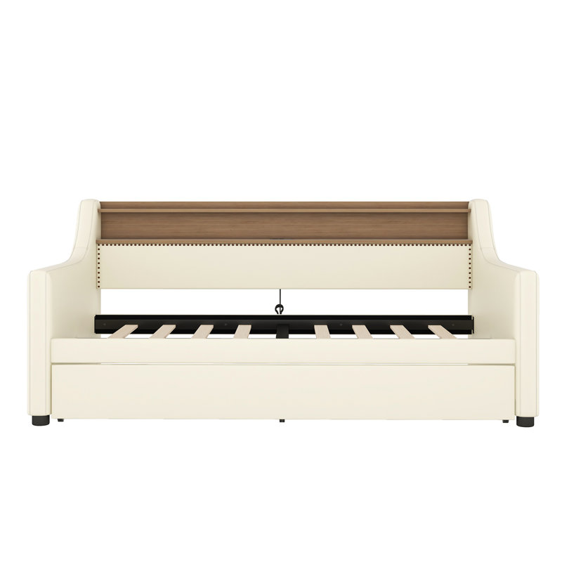 Upholstered Twin Daybed with Trundle, USB Charging Station & LED Lights, White Platform Sofa Bed for Guest Room