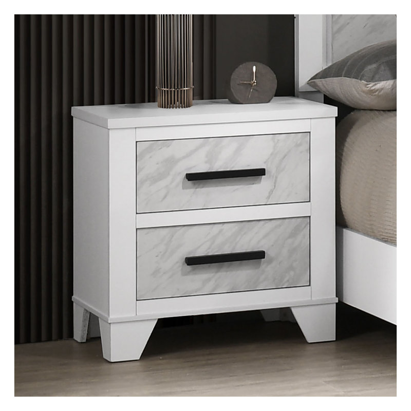 Table de chevet blanche avec insertions en faux marbre et poignées noires - Table de chevet à 2 tiroirs avec glissière centrale en métal