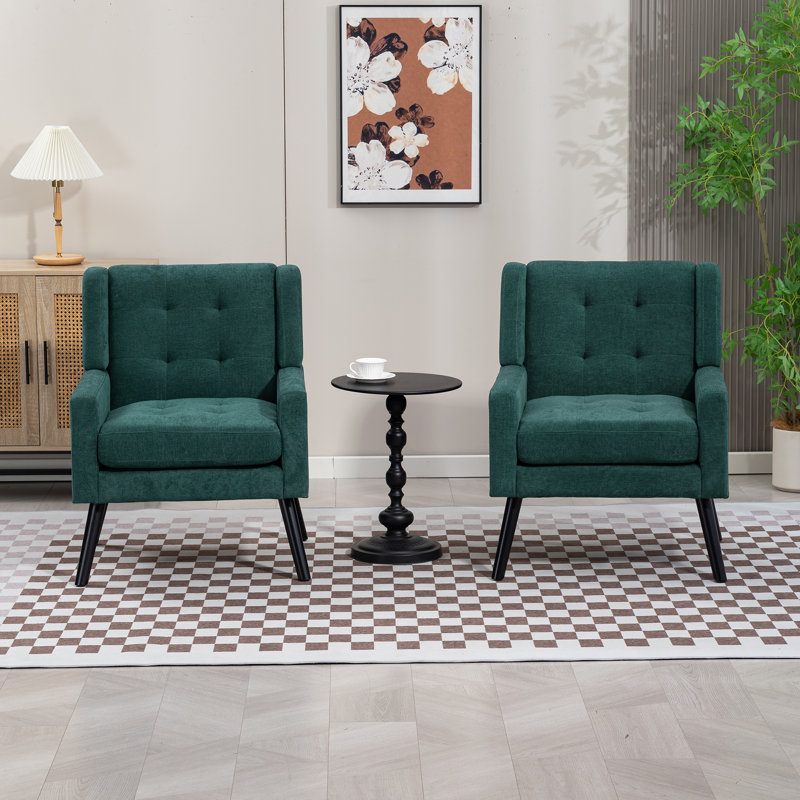 26.77" Mid-Century Modern Accent Chair With Linen Upholstery, Tufted Back And Black Solid Wood Legs(Set Of 2), Dark Green