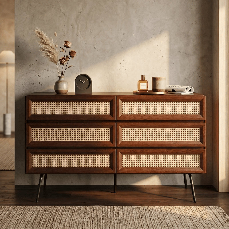 NTC Lulu Dresser Storage Cabinet with Natural Rattan, Modern Vertical Chest of Drawers, Stylish Bedroom, Mid-Century Style Organizer for Clothes and Accessories, Easy Assembly