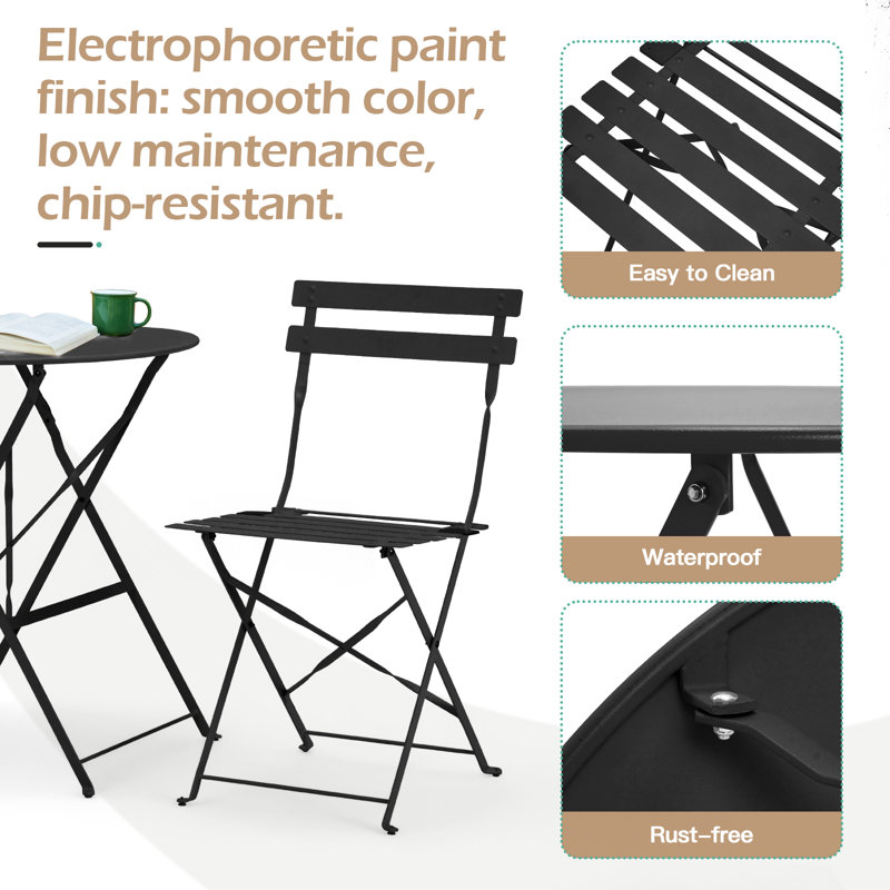 Anshu Iron Table And Folding Chair Set, 2 - Person Round Outdoor Dining Set, Black