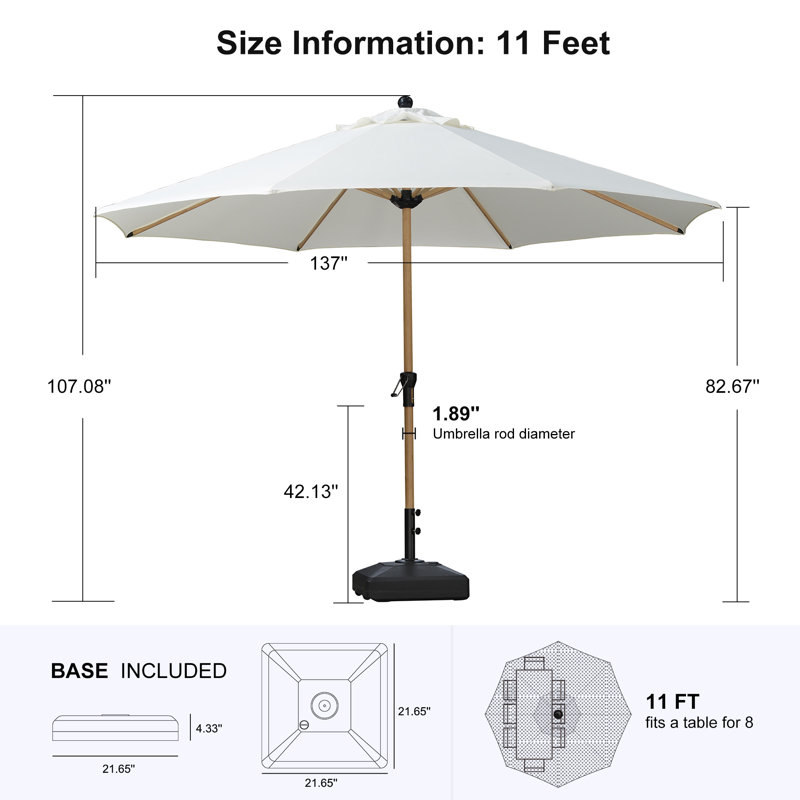 Parasol de marché rond 11 pi avec base et manivelle 11 pieds pour terrasse, Crème, crème