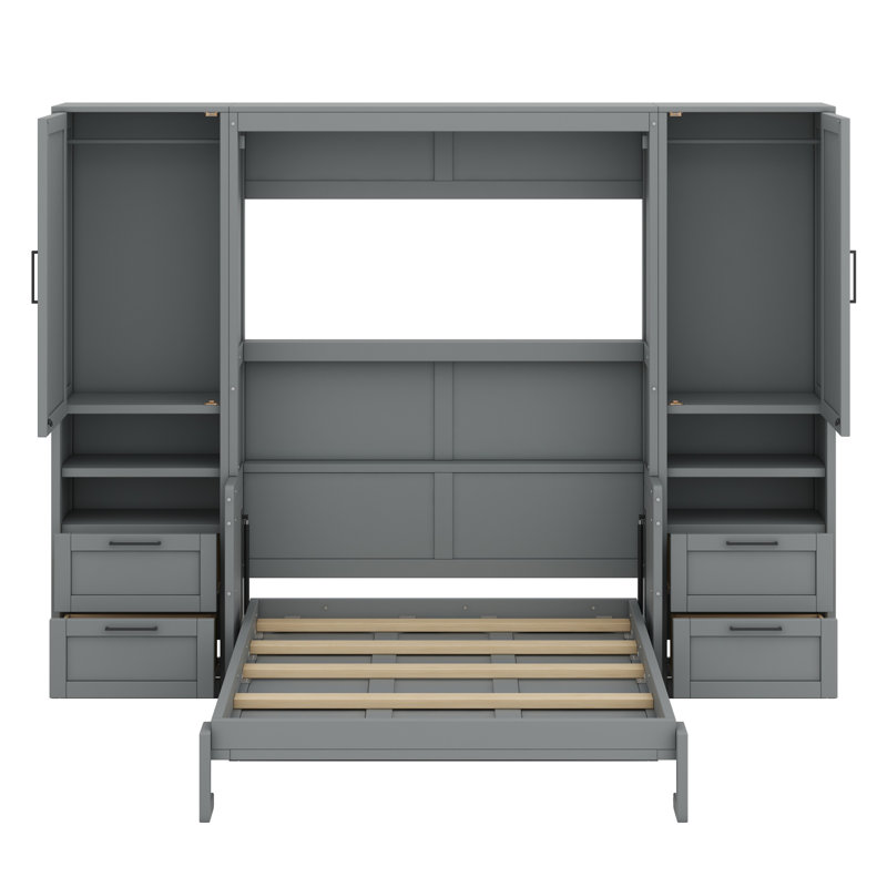 Lit escamotable Murphy avec placard, tiroirs et tablettes, Gris, Double
