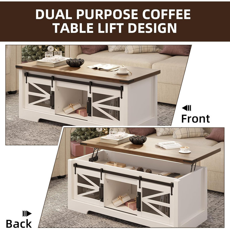 Table basse à plateau relevable, table basse multifonctionnelle avec porte de grange coulissante, compartiment de rangement caché