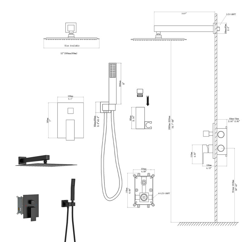 Pomme de douche double - Système de douche carré mural de 12 pouces avec valve brute, Noir mat