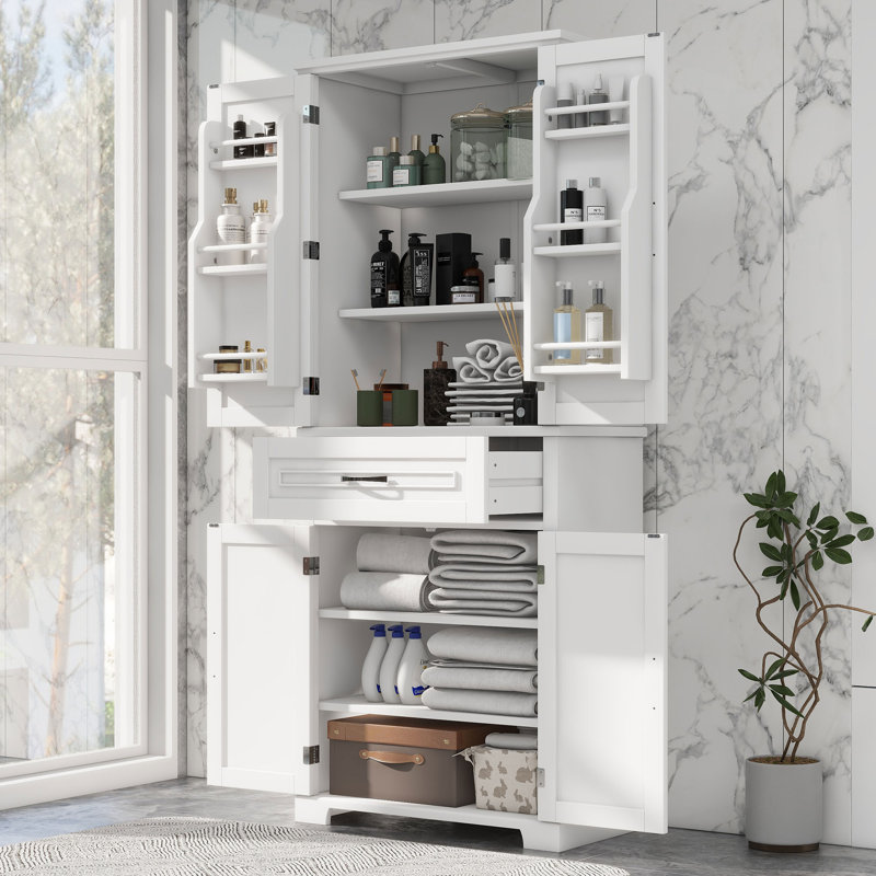 4 - Door Freestanding Bathroom Storage Cabinet With Drawers And Adjustable Shelves, White