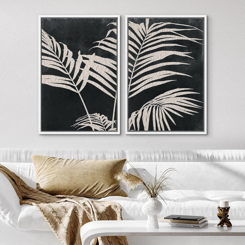 Art mural minimaliste noir sur feuille de palmier noir, impression neutre sur toile encadrée, 2 pièces, Blanc