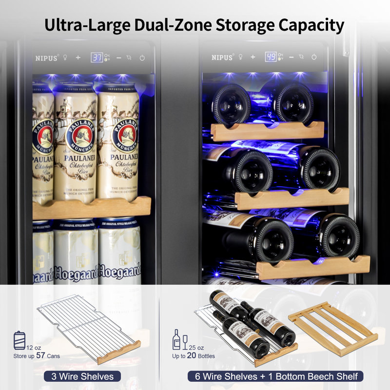 24 Inch 20 Bottle & 57 Can Dual Zone Built-in/Freestanding Wine & Beverage Refrigerator Undercounter Cooler with Built-In Light and 2 Type Handle Modern Series
