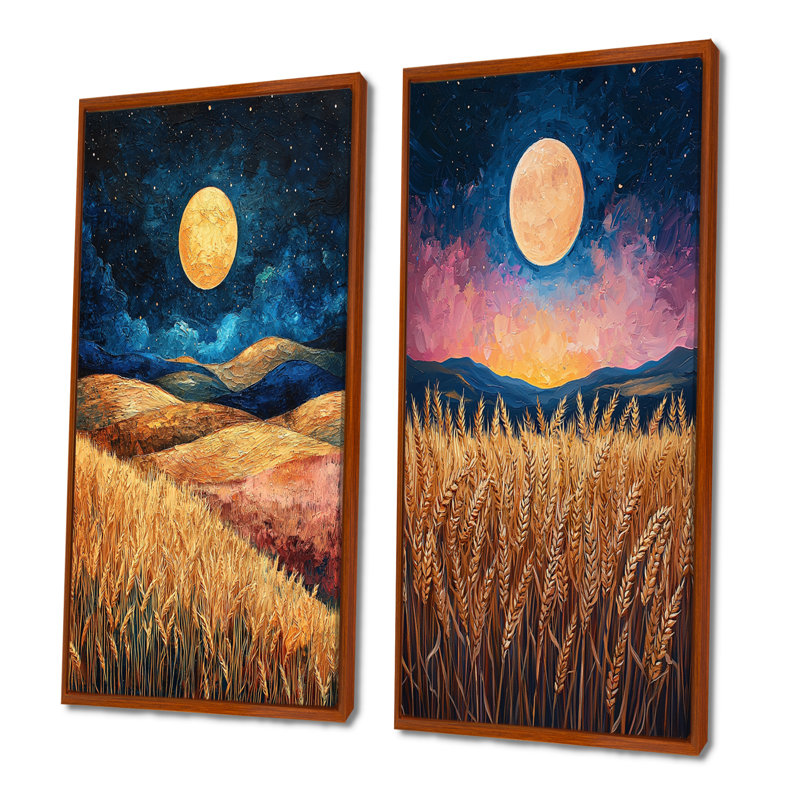 Paysage de ferme jaune et bleu, récolte de lune I - ensemble d'art mural de ferme 2 pièces, H 28 po x l 24 po, Brun