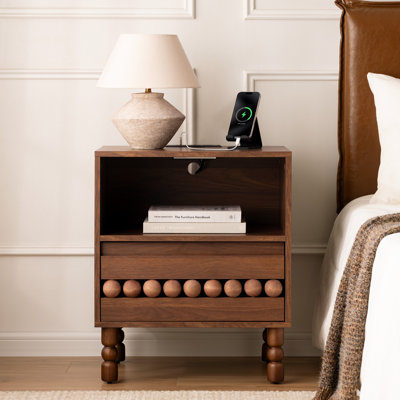 20.6" Charging Bedside Table with Beaded Drawer and Open Shelf