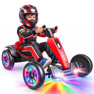 Sailvan 12V Battery-Powered Ride-On Go-Kart for Children, Foldable Frame, Adjustable Seat, Illuminated Wheels, Audio Features and Safety Belt, Red