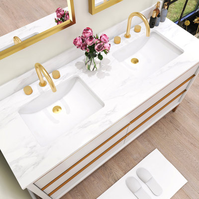 60" Freestanding Bathroom Vanity With Carrara White Quartz Countertop, 6 Drawers
