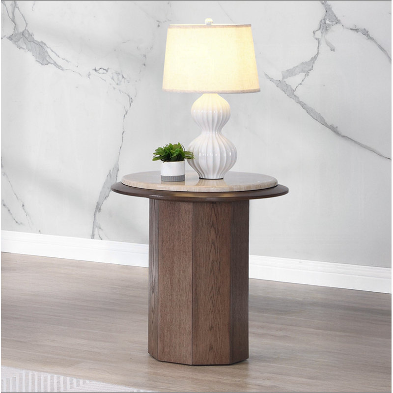 Table de bout en travertin et noyer