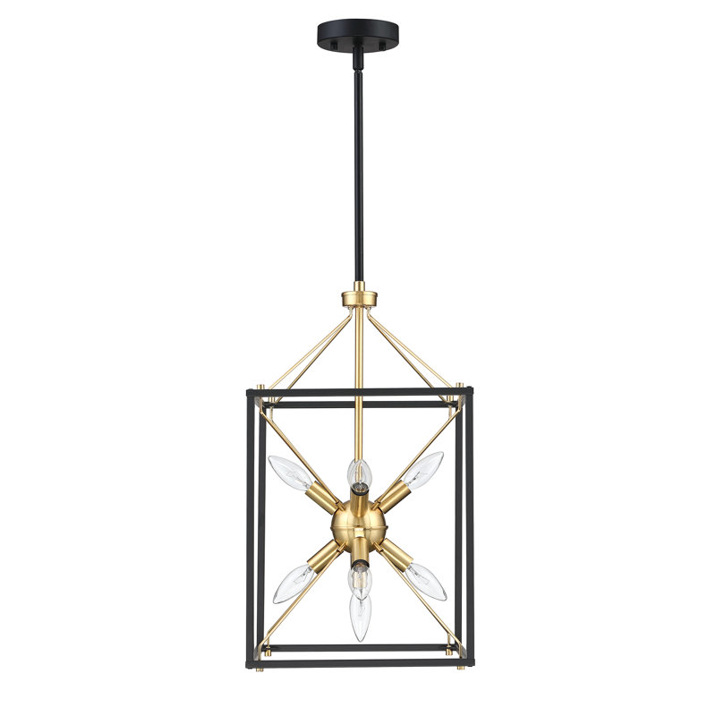 9-Light Modern Rectangle Lantern Pendant Light With Black and Soft Gold Finish And Gold Accents, 22" H x 12" W x 12" D
