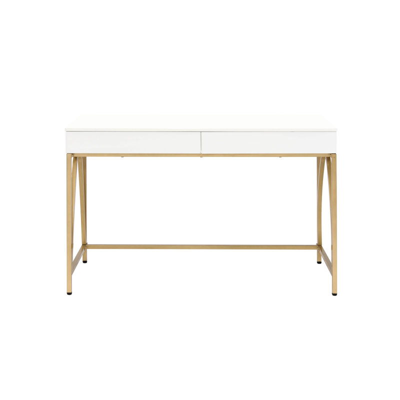 Bureau d'ordinateur contemporain blanc brillant avec pieds en métal doré et 2 tiroirs