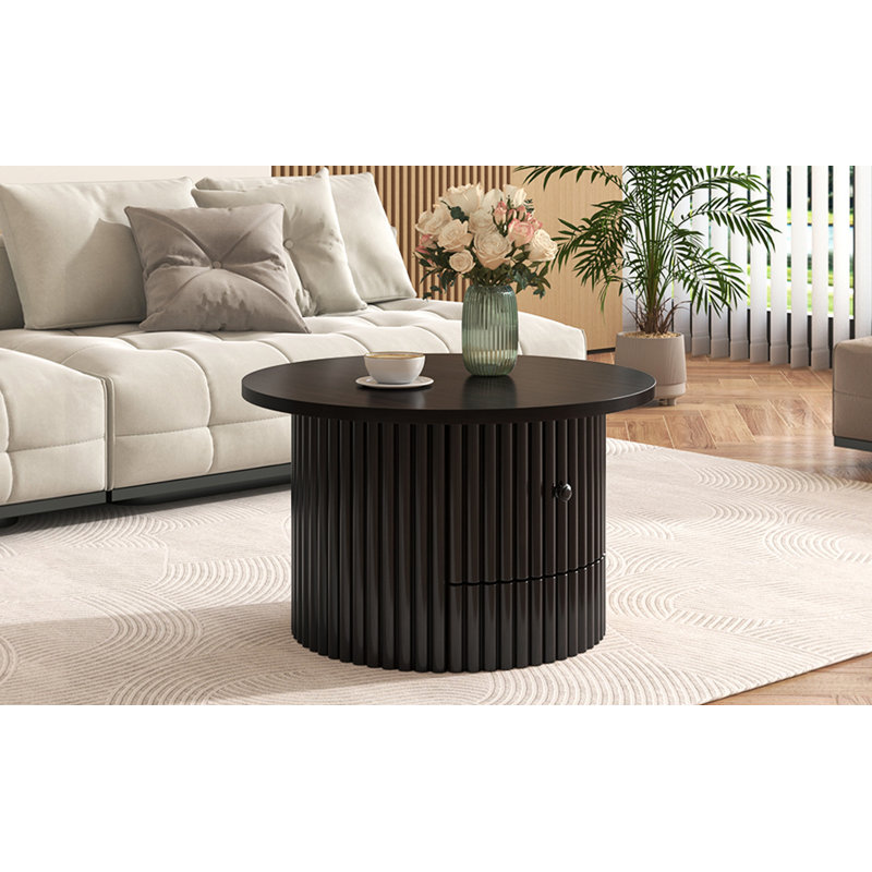 Round Coffee Table With A Drawer, Vertical Slat Base, Espresso