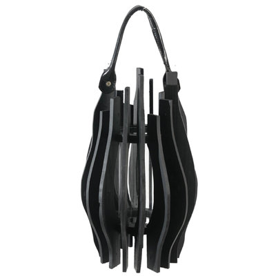 Decorative Lantern, Sculptural Shape And Leather Handle, Black Wood 16 Inch