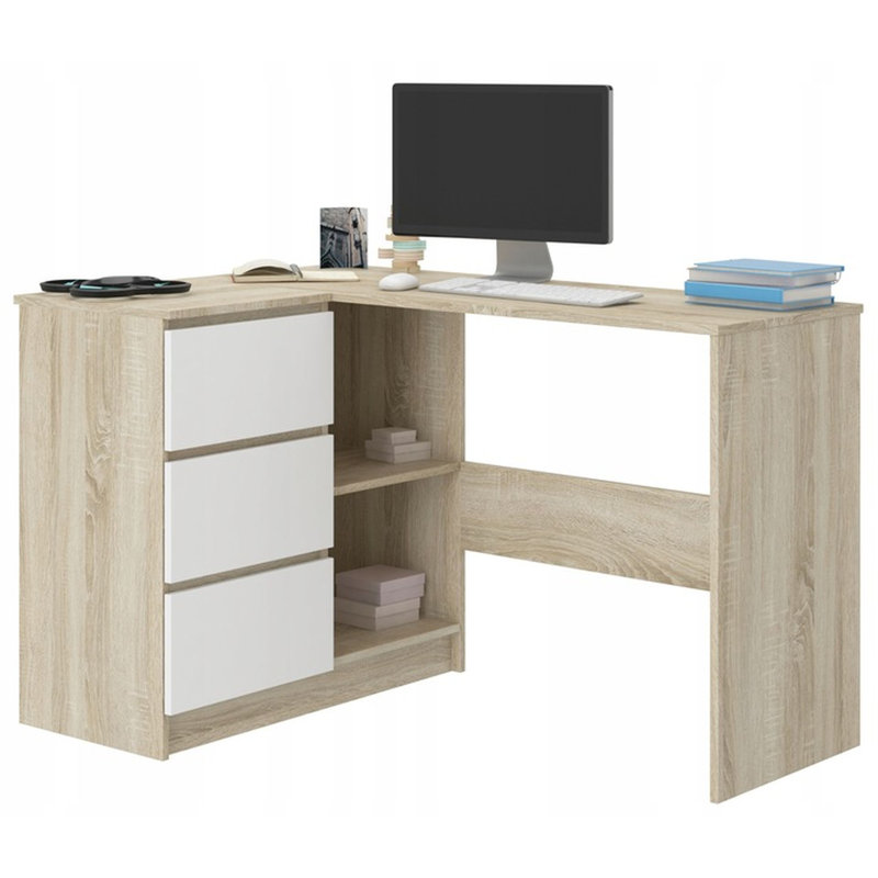 Ardeleana L-Shaped Computer Table, Light Brown/White, Left Hand Return