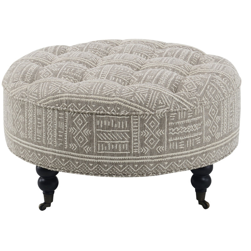 Repose-pieds en tissu avec roulettes Repose-pieds capitonné classique en tissu à motif rond avec roulettes, coussin moelleux en mousse D30, pièce décorative polyvalente pour le salon
