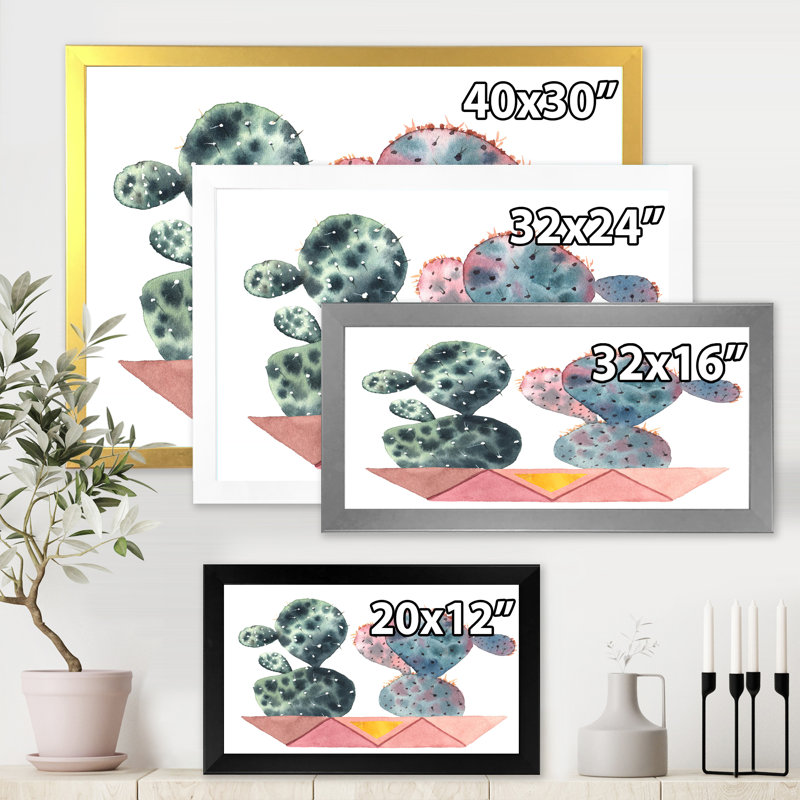 Duo de cactus dans des pots géométriques roses - Peinture sur toile, H 30 po x l 40 po x 1,5 po, Cadre photo blanc