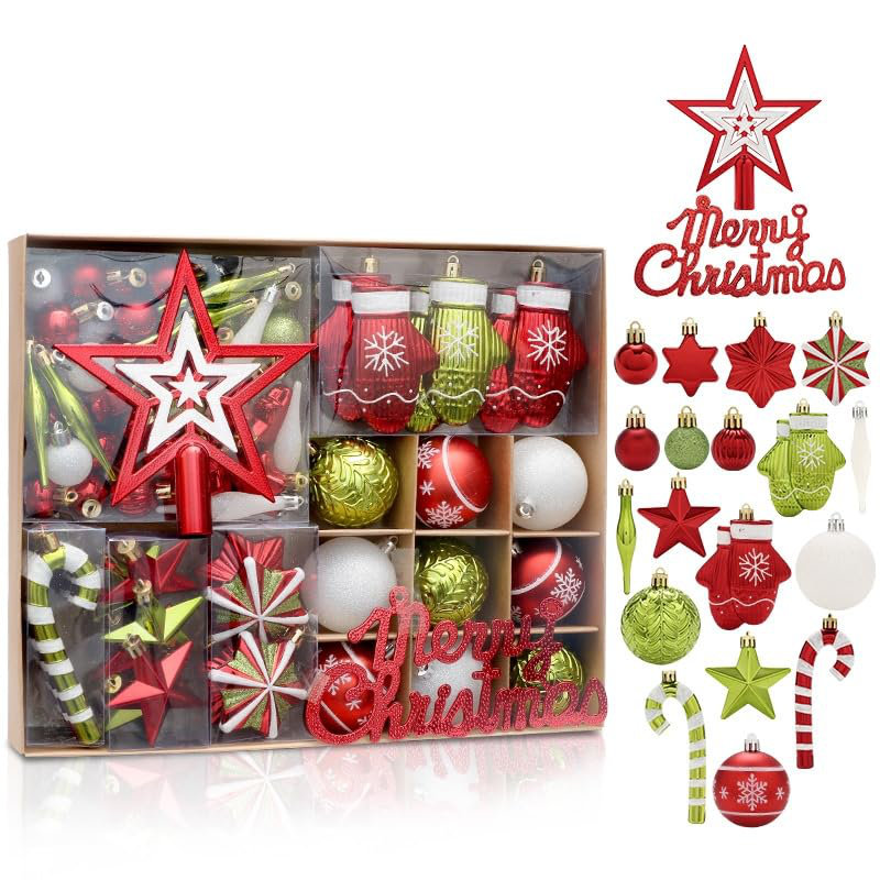 Ensemble de 70 ornements de Noël incassables - boules rouges et dorées, décorations suspendues Merry Christmas