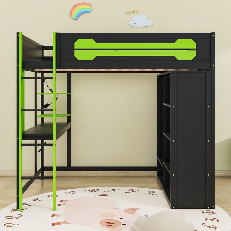 Full Wood Loft Bed With Desk, Open Wardrobe, LED Light And Power Outlets, Green