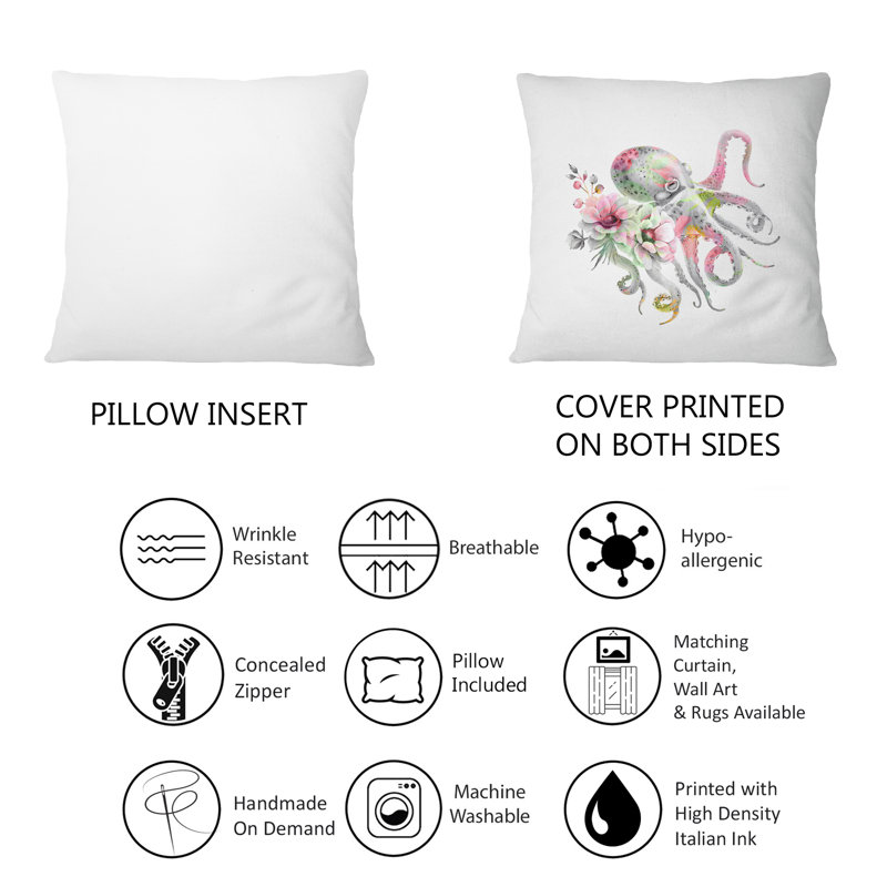 Pieuvre avec un bouquet de fleurs délicates - Coussin décoratif imprimé nautique et côtier 12 po x 20 po
