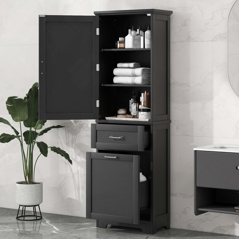 Tall MDF Board Freestanding Bathroom Storage Cabinet With 2 Different Size Drawers And Adjustable Shelf, Black