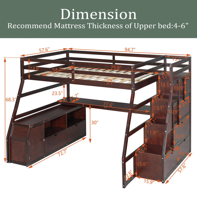 Lit mezzanine double avec 7 tiroirs, 2 tablettes et un bureau, Espresso