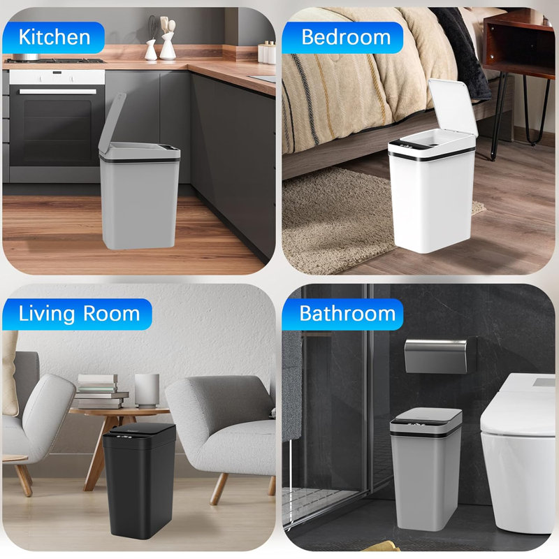 White Slim Touchless Plastic Bathroom Trash Can Set
