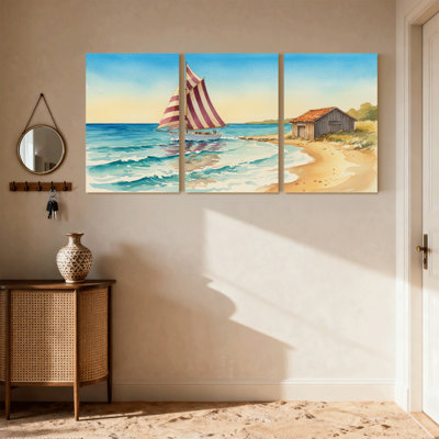 Nautique et plage, voilier, cabane de plage, vagues océaniques, ensemble de 3 toiles murales