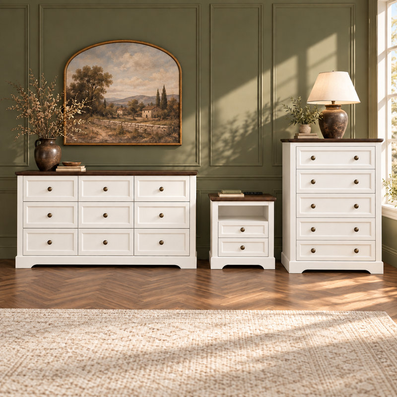 Ensemble de chambre à coucher 3 pièces comprenant une commode à 9 tiroirs, une commode à 5 tiroirs et une table de chevet